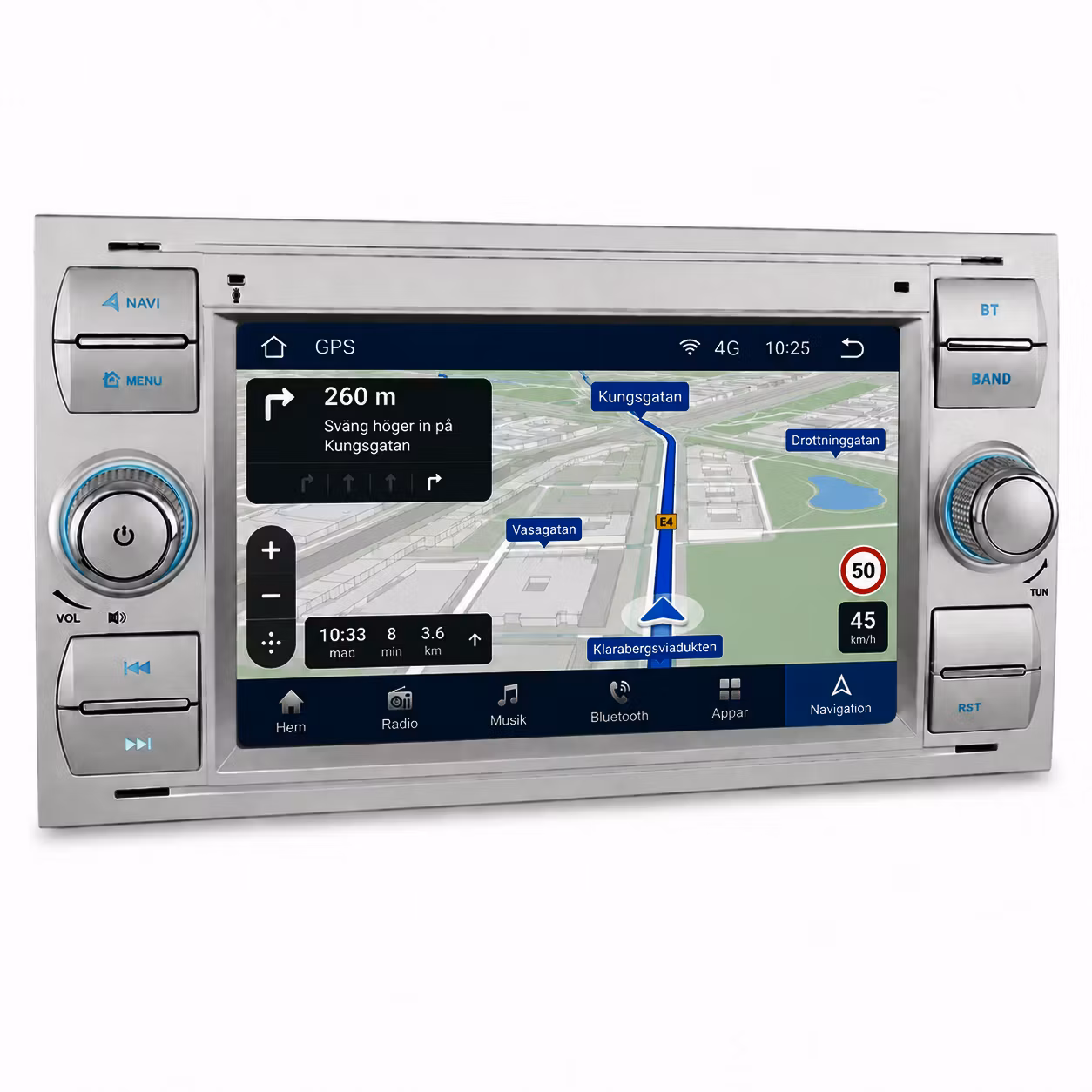 Android 14 silver Bilstereo för Ford Focus II, C-Max, S-Max, Galaxy, Kuga, Fiesta & Transit | Snapdragon 460 | 4GB RAM + 64GB | Trådlös Apple CarPlay & Android Auto | 4G LTE | DSP | GPS