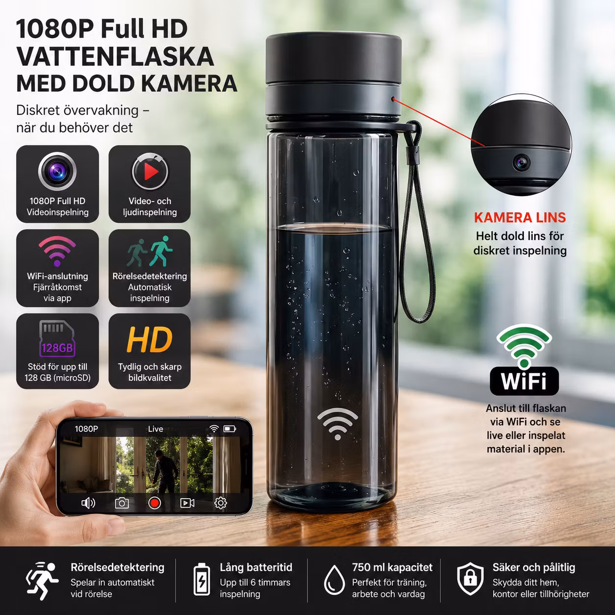 WiFi 1080P Vattenflaska med Integrerad Kamera – Full HD, Rörelsedetektering & 128 GB MicroSD ingår