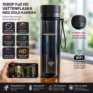 WiFi 1080P Vattenflaska med Integrerad Kamera – Full HD, Rörelsedetektering & 128 GB MicroSD ingår
