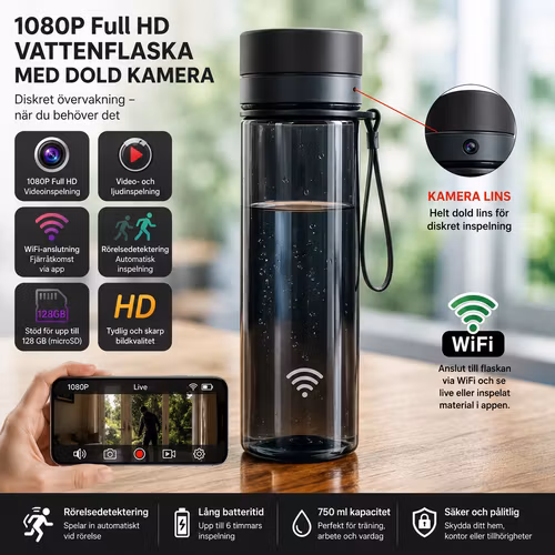 WiFi 1080P Vattenflaska med Integrerad Kamera – Full HD, Rörelsedetektering & 128 GB MicroSD ingår