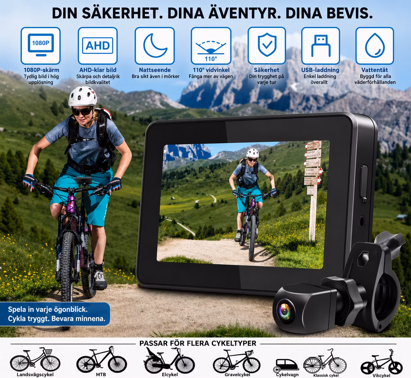 Cykelkamerasystem med 4,3" HD-skärm och AHD Night Vision-kamera – IP68