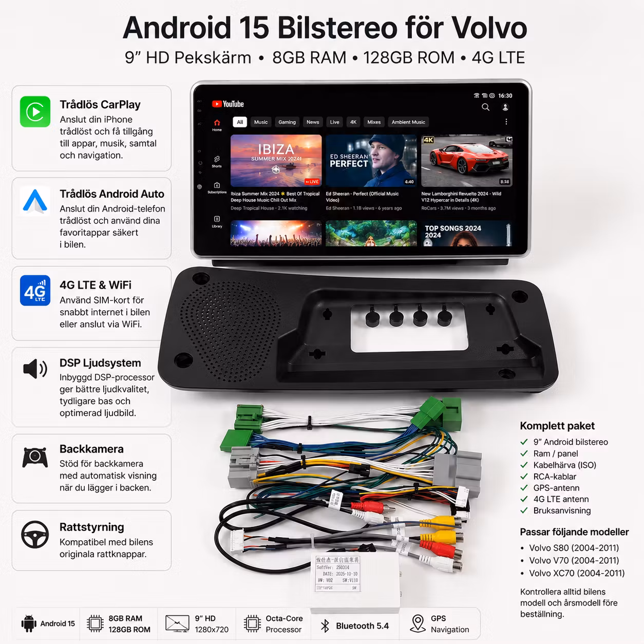Android 15 Bilstereo 9" för Volvo S80, V70 & XC70 (2004–2011) – 8GB RAM, ROM128GB, 4G LTE, Trådlös Apple CarPlay & Android Auto+ gratis Backkamera