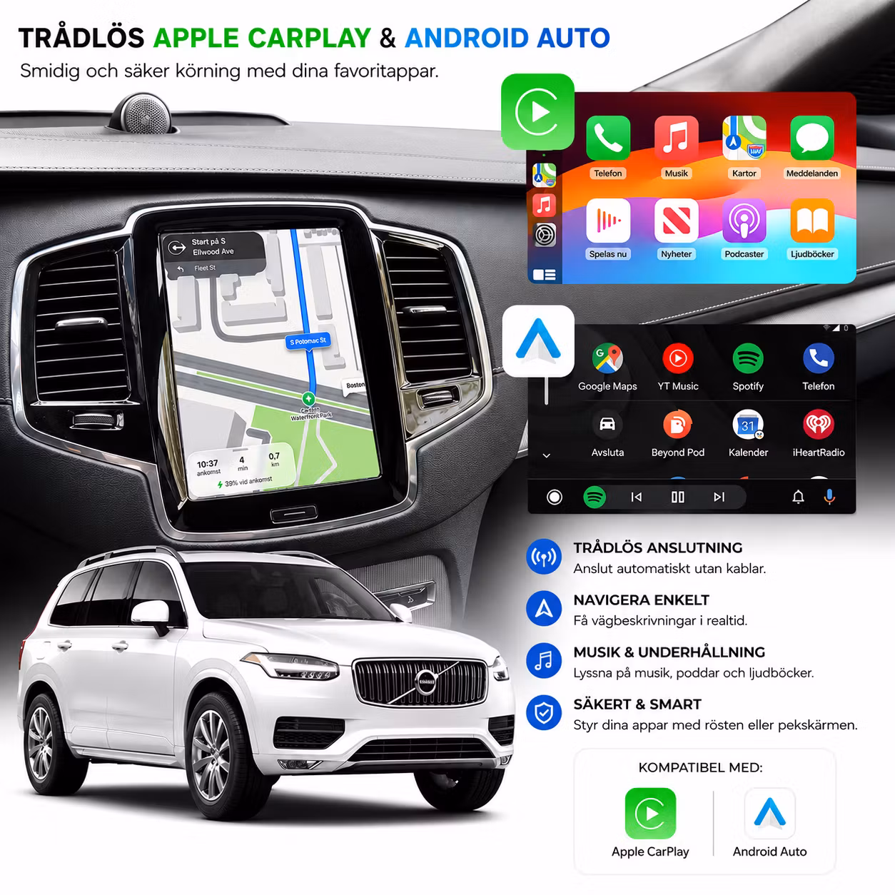 Trådlös Apple CarPlay & Android Auto för Volvo XC60 / XC90 / V60 / V90 / S60 / S90 (2017–2022) – Plug & Play Interface + Gratis Backkamera