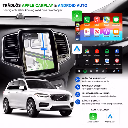 Trådlös Apple CarPlay & Android Auto för Volvo XC60 / XC90 / V60 / V90 / S60 / S90 (2017–2022) – Plug & Play Interface + Gratis Backkamera