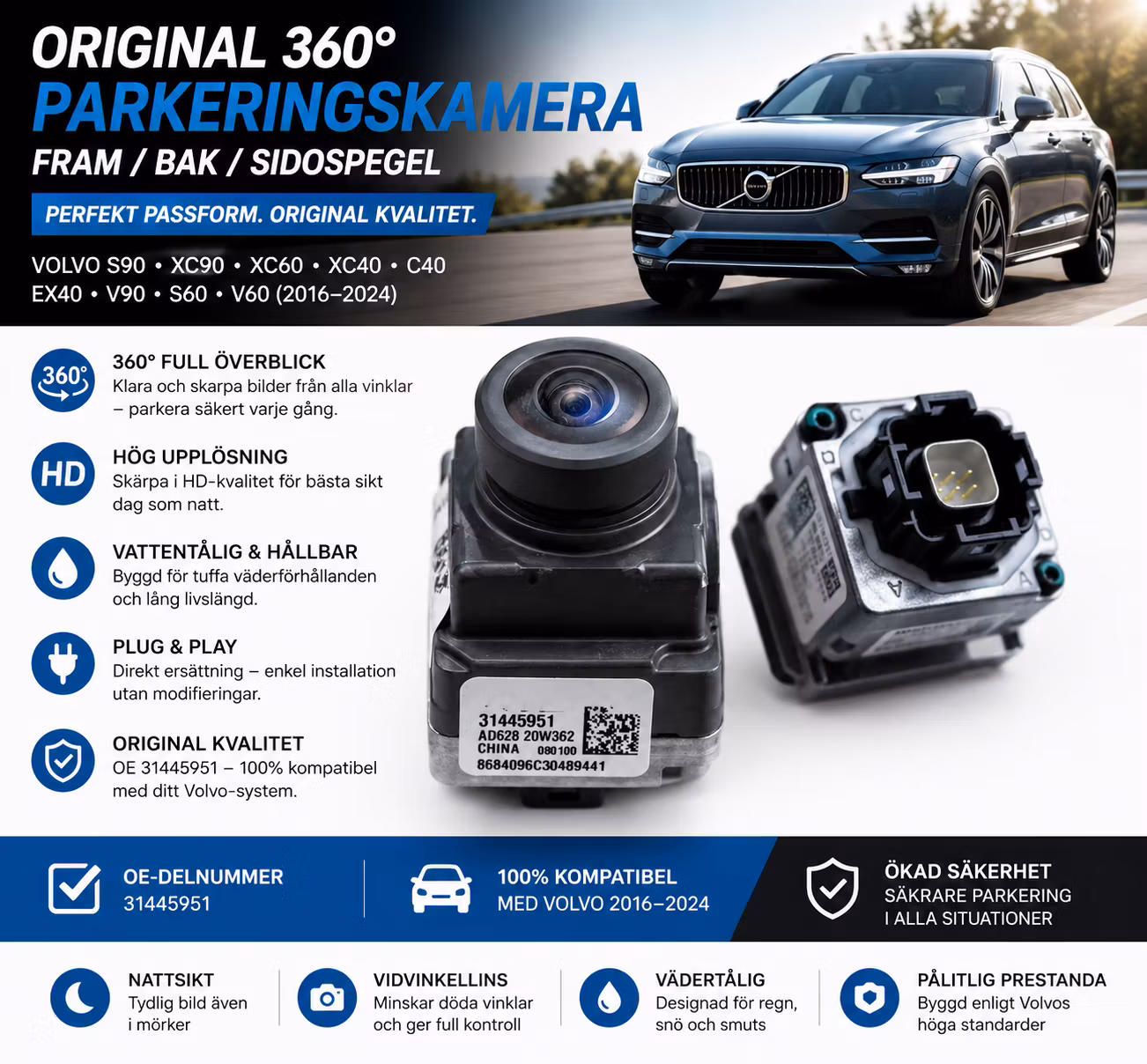 Volvo 360° Parkeringskamera Original – Front / Bak / Sidospegel – S90 XC90 XC60 XC40 C40 EX40 V90 S60 V60 (2016–2024) – OE 31445951