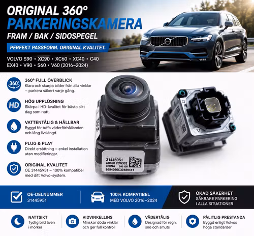 Volvo 360° Parkeringskamera Original – Front / Bak / Sidospegel – S90 XC90 XC60 XC40 C40 EX40 V90 S60 V60 (2016–2024) – OE 31445951