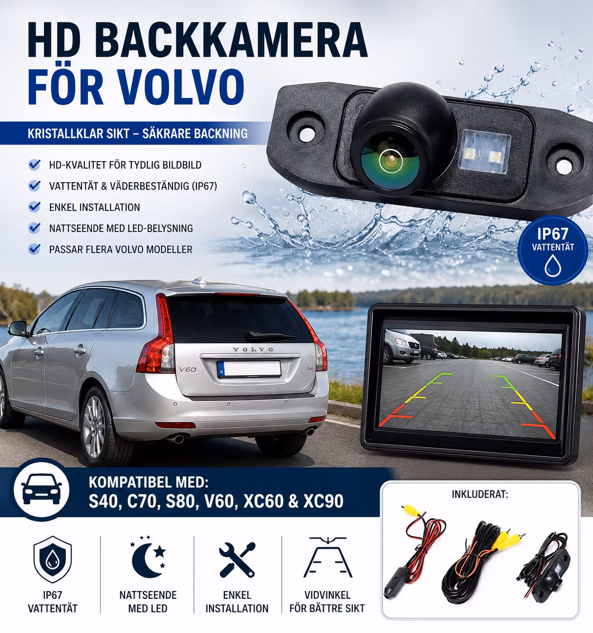 Volvo HD Backkamera – Vattentät Eftermarknad Parkeringskamera för S40, C70, S80, V60, XC60 & XC90