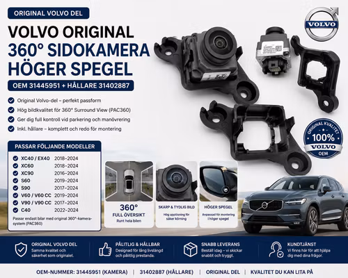 Volvo Original 360° Sidokamera Höger Spegel OEM 31445951 + Hållare 31402887 – XC40 XC60 XC90 V60 V90 S60 S90 2016–2024