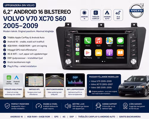 6,2" Android 16 Bilstereo Volvo V70 XC70 S60 2005–2009 | Trådlös Apple CarPlay & Android Auto | 4GB+64GB | GPS | 4G | DSP | Gratis Backkamera