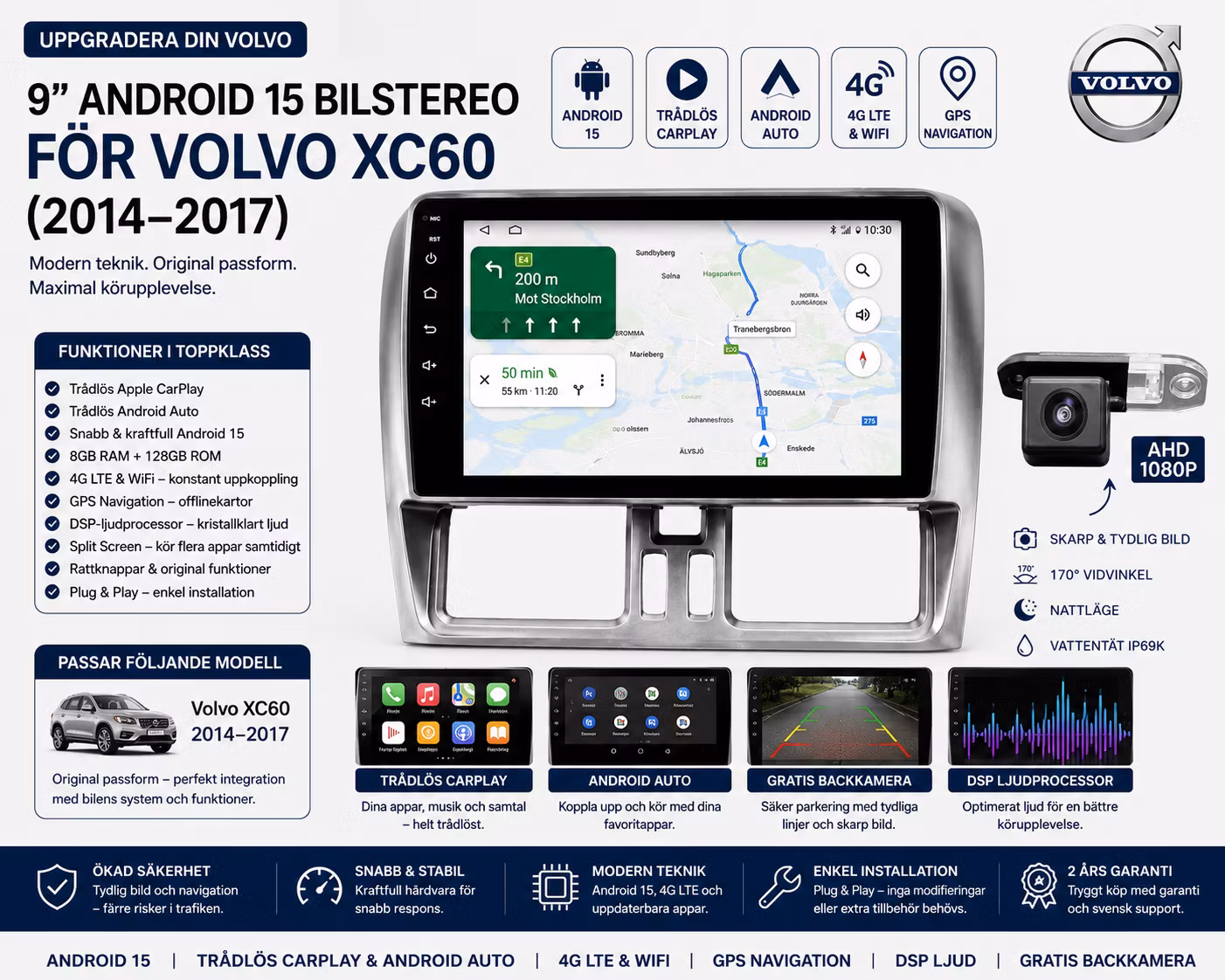 9" Android 14 Bilstereo Volvo XC60 (2014–2017) – 4G LTE, GPS, CarPlay & Android Auto, DSP, Bluetooth, WiFi, RDS | 4GB RAM + 64GB ROM | Gratis Backkamera