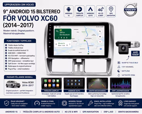 9" Android 14 Bilstereo Volvo XC60 (2014–2017) – 4G LTE, GPS, CarPlay & Android Auto, DSP, Bluetooth, WiFi, RDS | 4GB RAM + 64GB ROM | Gratis Backkamera