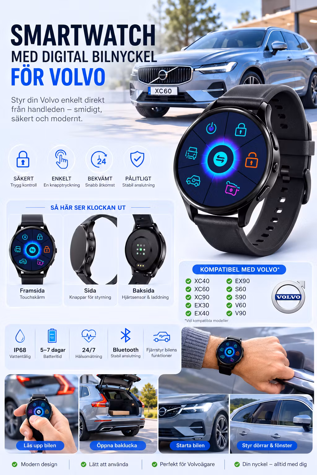 Smart Nyckelklocka för Volvo XC40 XC60 XC90 EX30 EX40 EX90 S60 S90 V60 V90 – Intelligent Car Key Smartwatch med Lås, Lås upp & Startfunktion