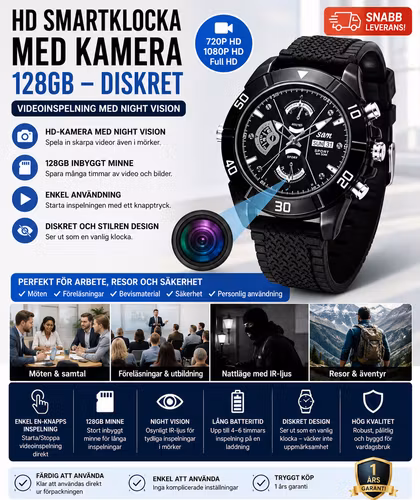 HD Smartklocka med Kamera 128GB – Diskret Videoinspelning med Night Vision