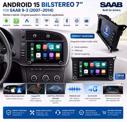 Android 15 Bilstereo 7” för SAAB 9-3 (2007–2014) – CarPlay & Android Auto, GPS, WiFi, 4G LTE, Bluetooth, DSP, RDS, 6GB RAM, 128GB ROM + Gratis Backkamera
