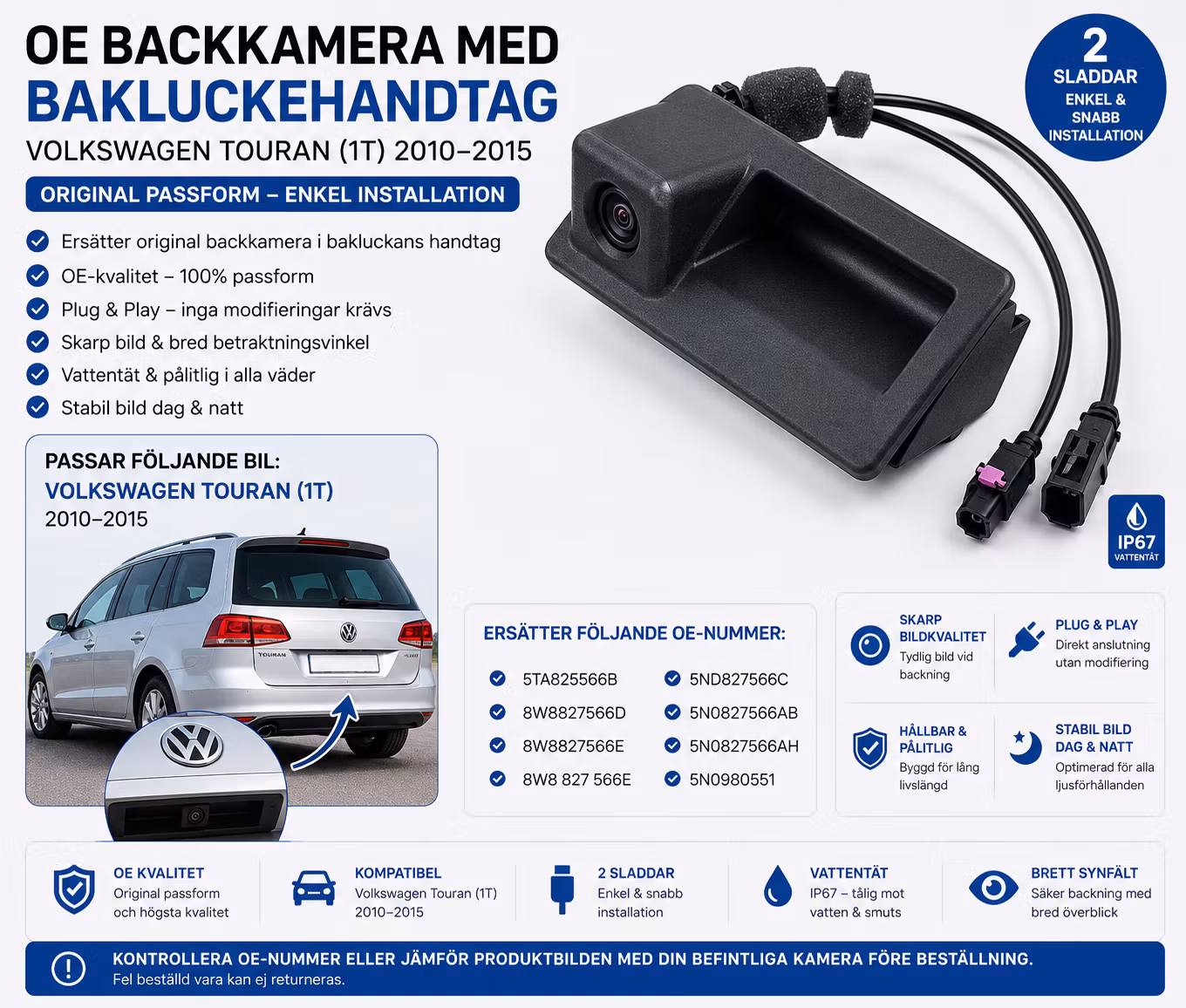 OE Backkamera med Bakluckehandtag – Volkswagen Touran (1T) 2010–2015