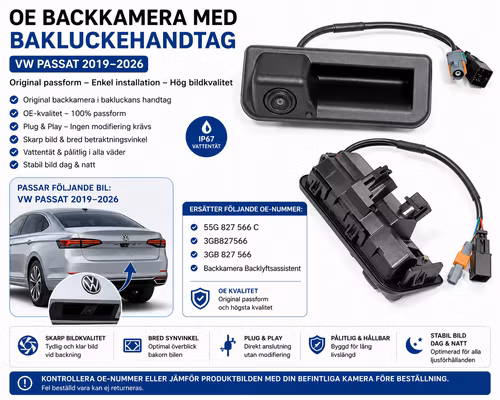 Vidvinkel backkamera med backkamera nummer:    55G 827 566 C    3GB827566    Backkamera Backlyftassistent för VW Passat 2019-2026 