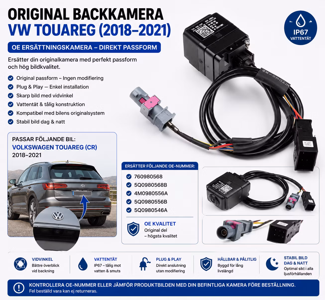 Original Backkamera VW Touareg 2018–2021 | OE Ersättning 760980568, 5Q0980568B, 4M0980556A