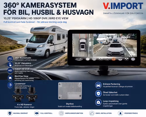 360° Kamerasystem för Bil – 10,25" Pekskärm, HD 1080P DVR, Bird Eye View & Parkeringskamera