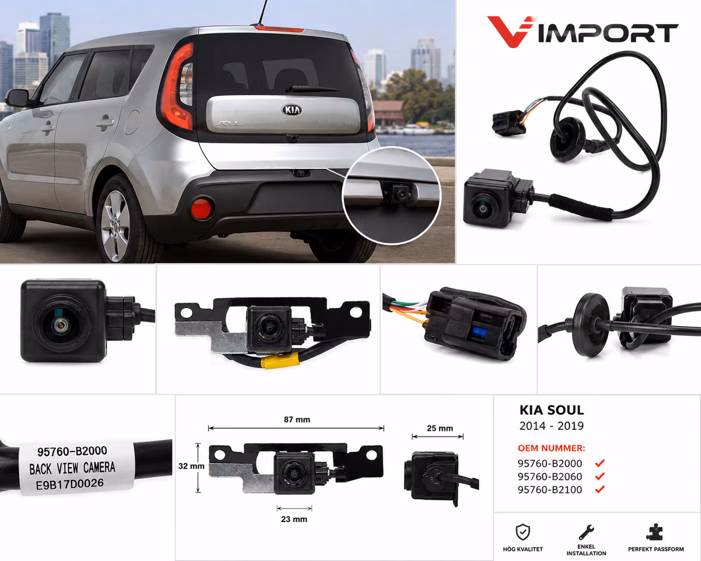 Eftermarknad backkamera Kia Soul 2014–2019 OEM 95760-B2000 / 95760-B2060 / 95760-B2100 Rear View Camera Parkeringskamera