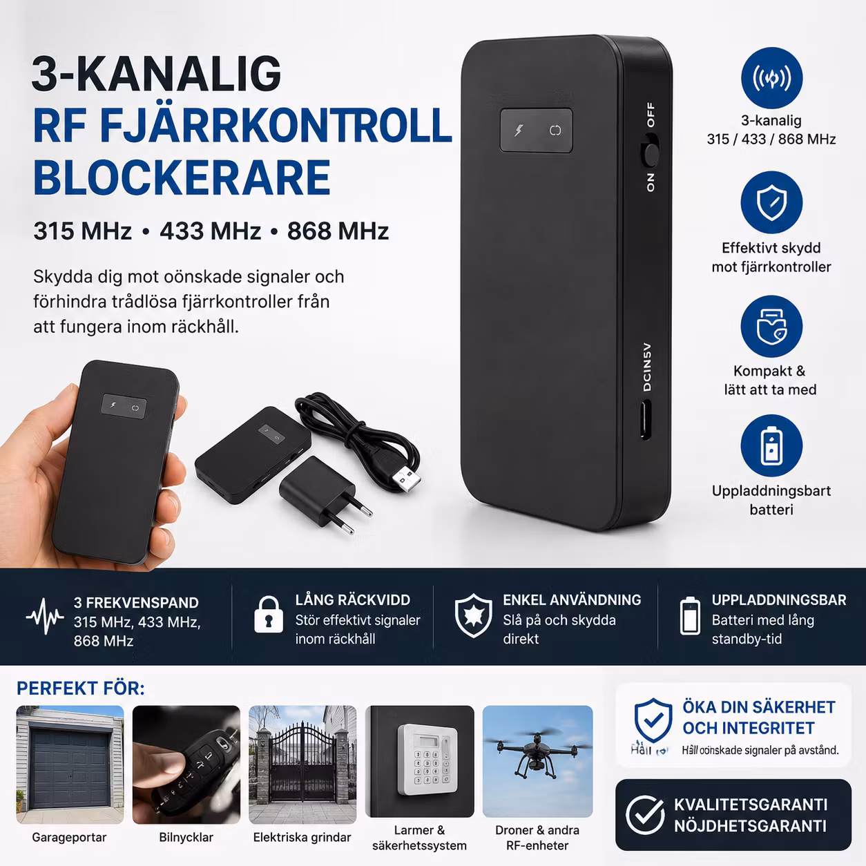 Handhållen 3-kanalig RF-enhet 315 MHz / 433 MHz / 868 MHz
