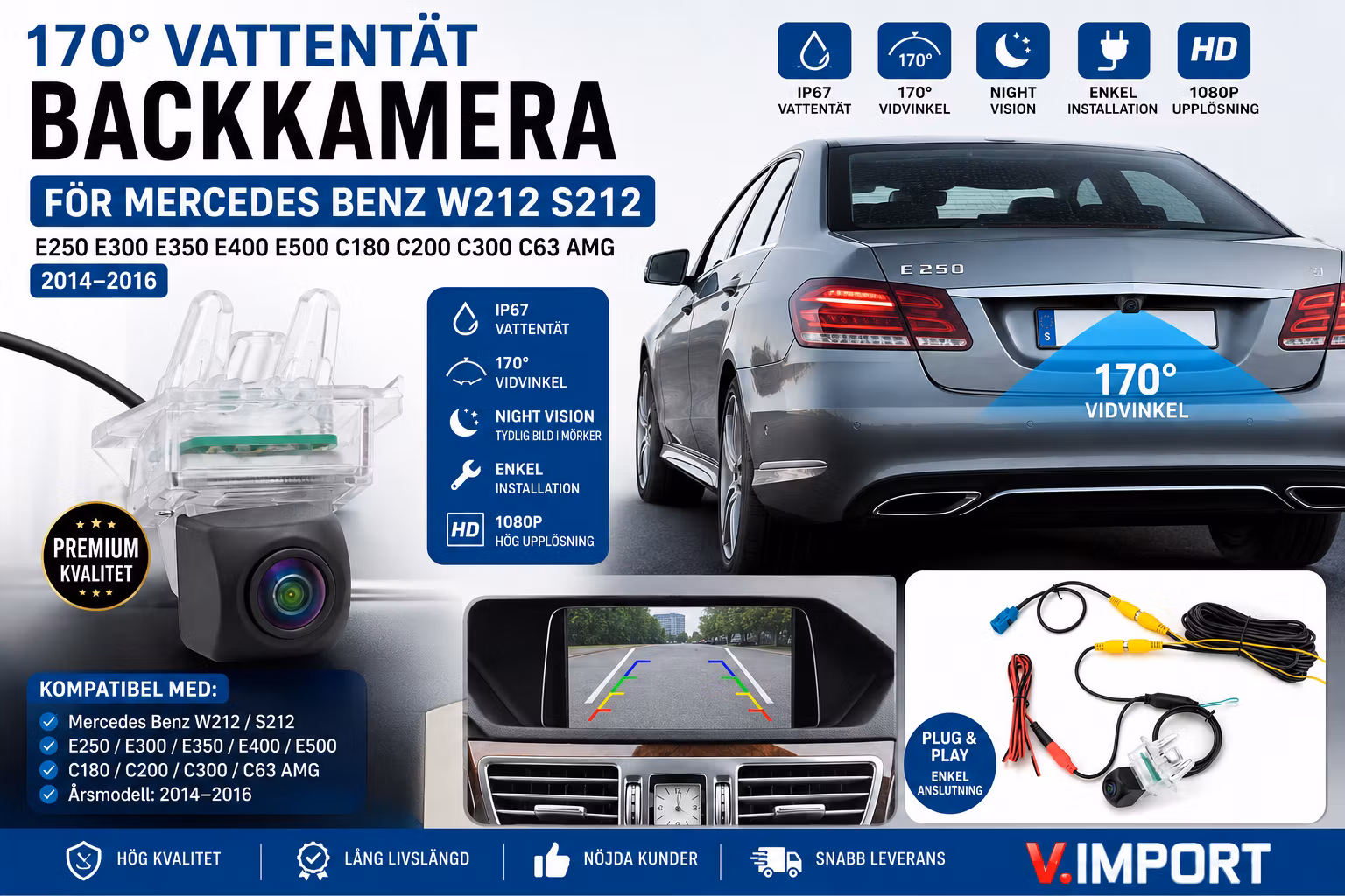 170° HD Backkamera Mercedes Benz W212 S212 2014–2016 | Plug & Play OEM | IP68 Vattentät | Nattseende | E250 E300 E350 E400 E500 C180 C200 C300 C63 AMG