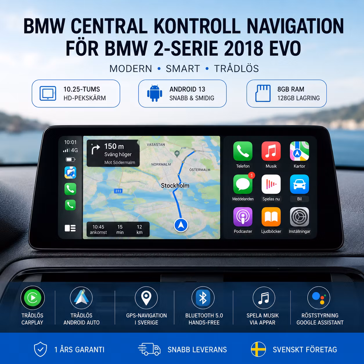 Android 13 Bilstereo för BMW 2-serie F22/F23 EVO 2018–2020 – 10,25” HD, Qualcomm 8-Core, 8GB RAM, 128GB, Trådlös CarPlay & Android Auto