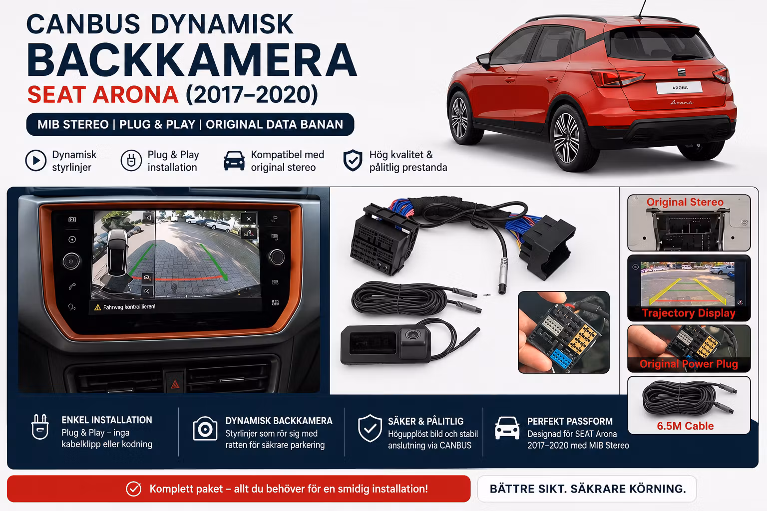 CANBUS Dynamisk Backkamera SEAT Arona (2017–2020) – MIB Stereo | Plug & Play | Original Data Banan