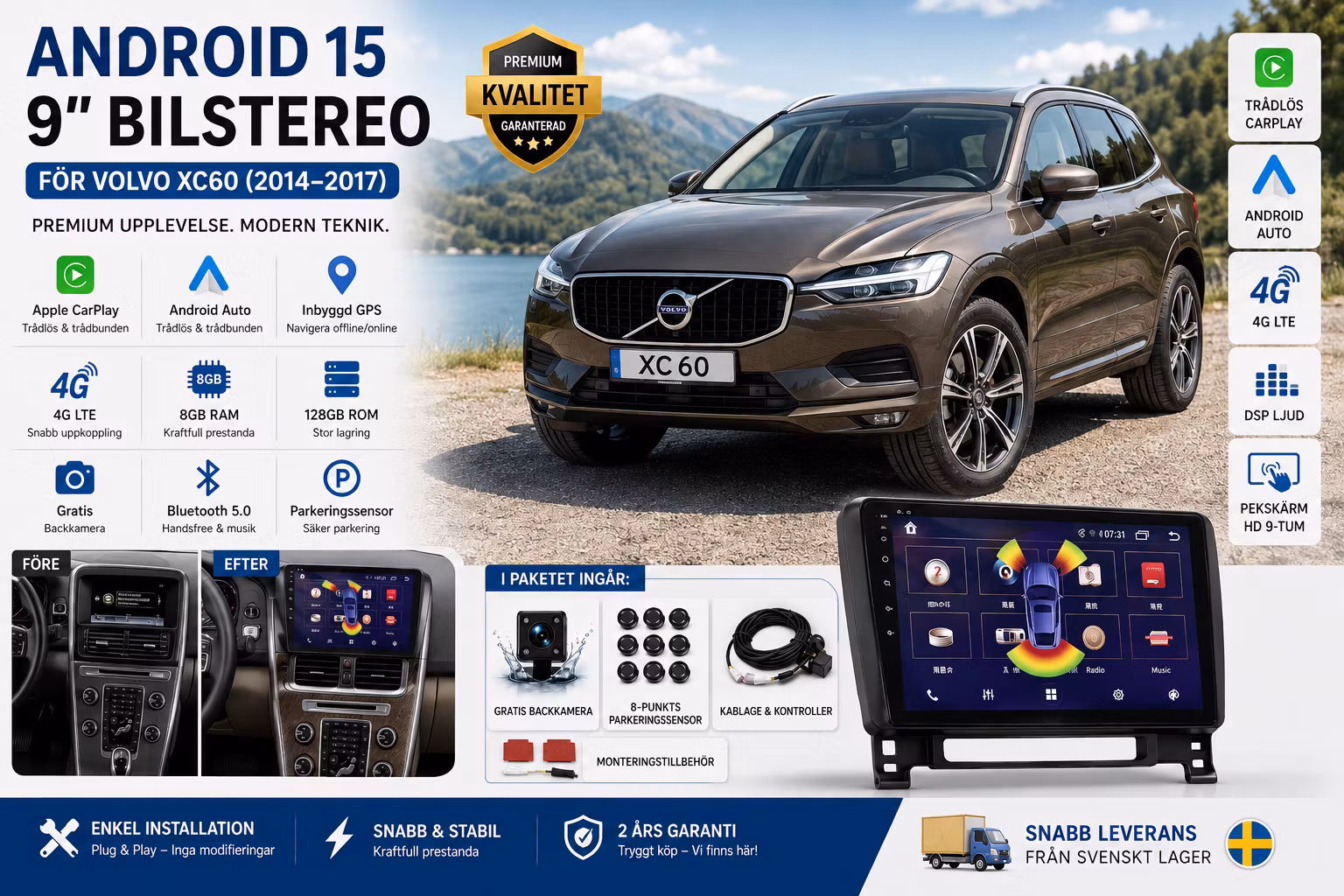 Android 15 Bilstereo Volvo XC60 2014–2017 9" | Trådlös CarPlay, Android Auto, GPS, 4G, 8GB/128GB, Parkeringssensorer & Gratis Backkamera