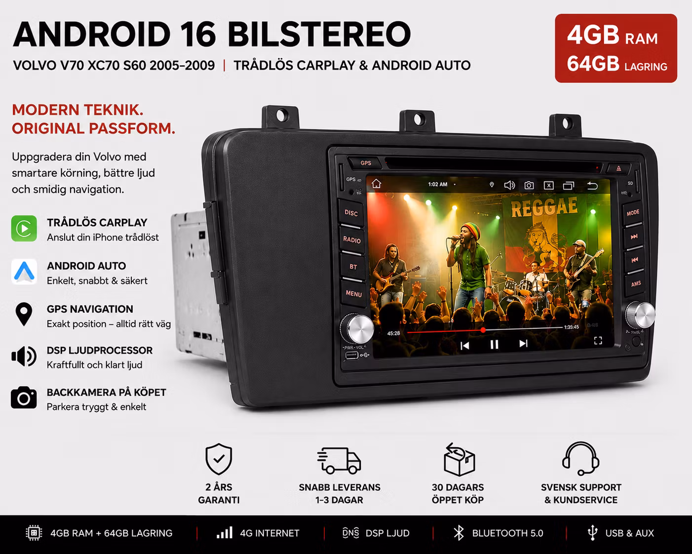 6,2" Android 16 Bilstereo Volvo V70 XC70 S60 2005–2009 | Trådlös Apple CarPlay & Android Auto | 4GB+64GB | GPS | 4G | DSP | Gratis Backkamera