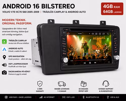 6,2" Android 16 Bilstereo Volvo V70 XC70 S60 2005–2009 | Trådlös Apple CarPlay & Android Auto | 4GB+64GB | GPS | 4G | DSP | Gratis Backkamera