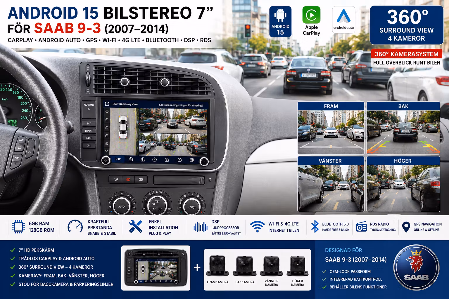 Android 15 Bilstereo Saab 9-3 2007–2014 7” | 6GB/128GB, CarPlay, Android Auto, GPS, 4G, DSP + 360° Kamerasystem