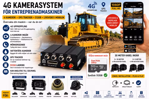 4G Kamerasystem för Entreprenadmaskiner – 4 Kameror, GPS Tracker, 512GB, Livevideo & Mobilapp