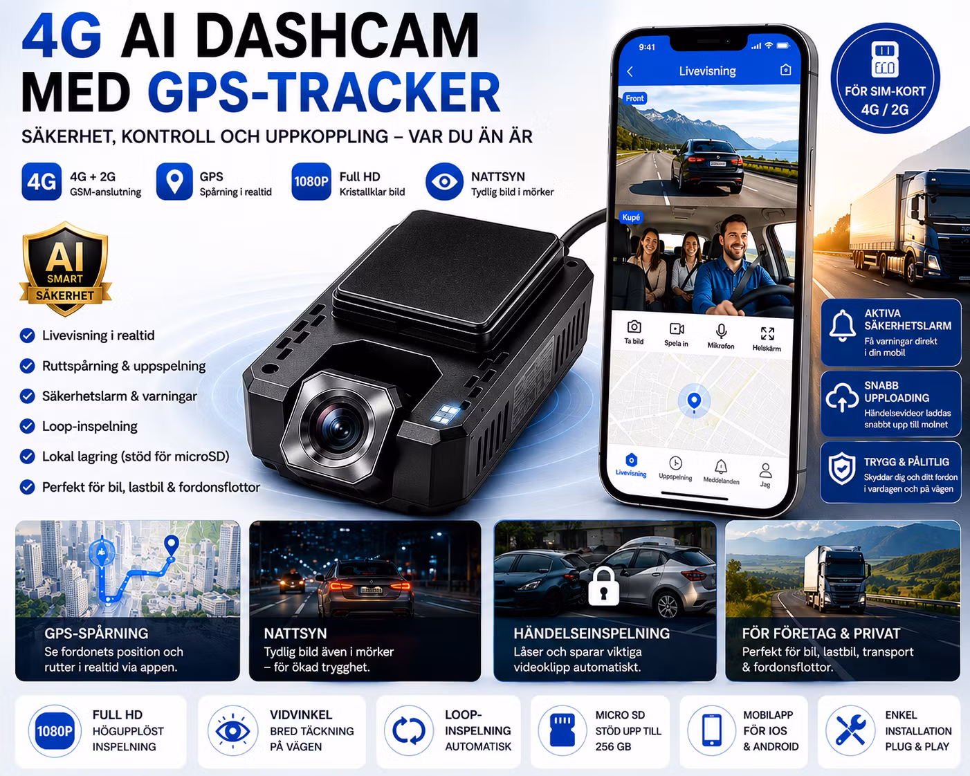 4G AI Dashcam med GPS-tracker 1080P – Livevisning, mörkerseende & ruttspårning