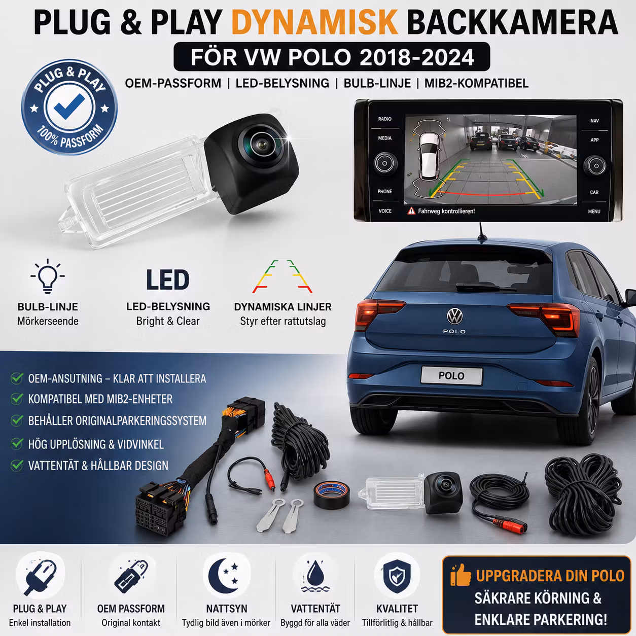 Plug & Play dynamisk backkamera för VW Polo 2018-2024, OEM-parkeringsbackkamera kompatibel med MIB2-enhet