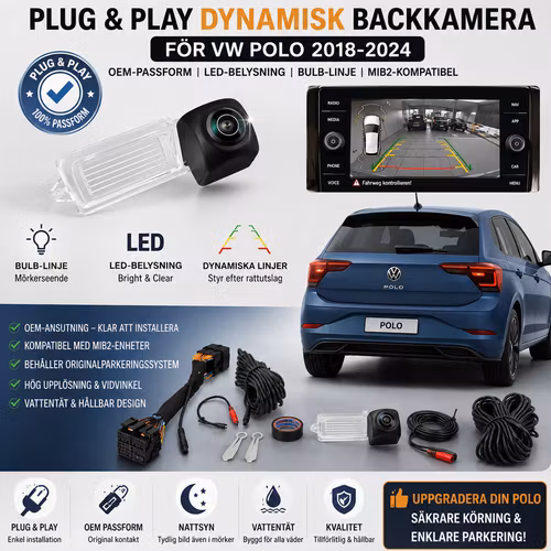 Plug & Play dynamisk backkamera för VW Polo 2018-2024, OEM-parkeringsbackkamera kompatibel med MIB2-enhet