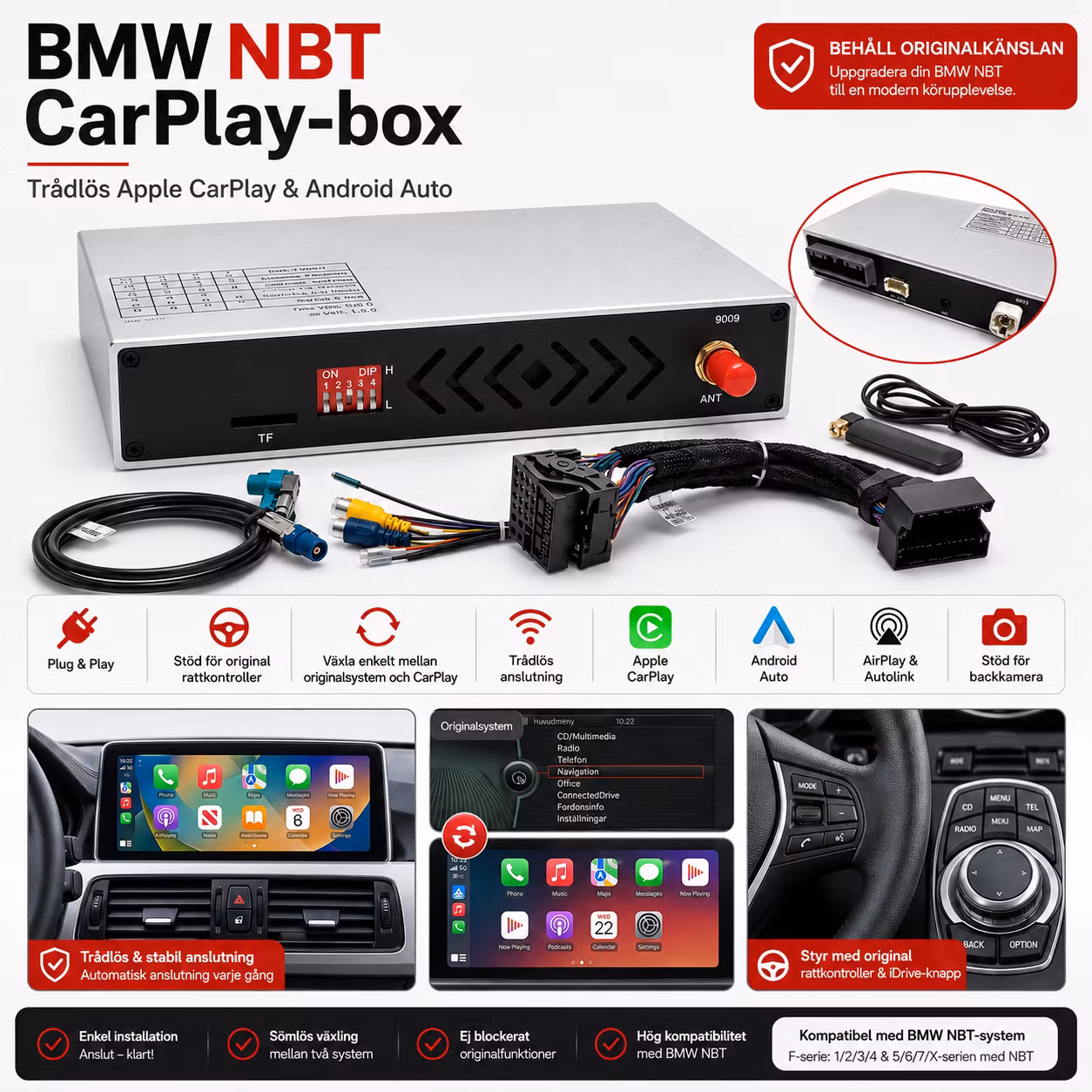 BMW NBT CarPlay-box 2012–2016 | Trådlös Apple CarPlay & Android Auto | F10 F20 F30 F32 F25 F15