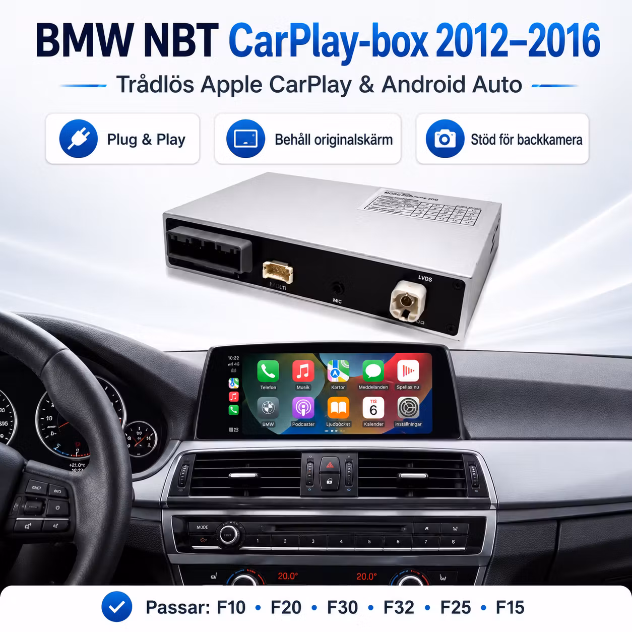 BMW NBT CarPlay-box 2012–2016 | Trådlös Apple CarPlay & Android Auto | F10 F20 F30 F32 F25 F15