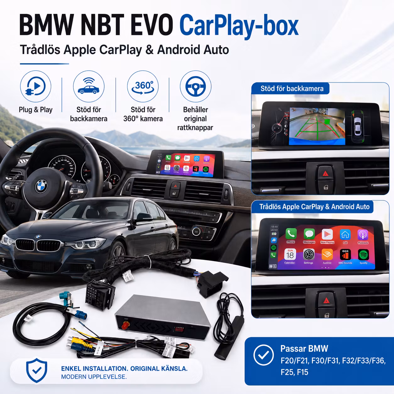 BMW NBT EVO CarPlay-box F20 F21 F30 F31 F32 F33 F36 F25 F15 | Trådlös Apple CarPlay & Android Auto+ gratis backkamera