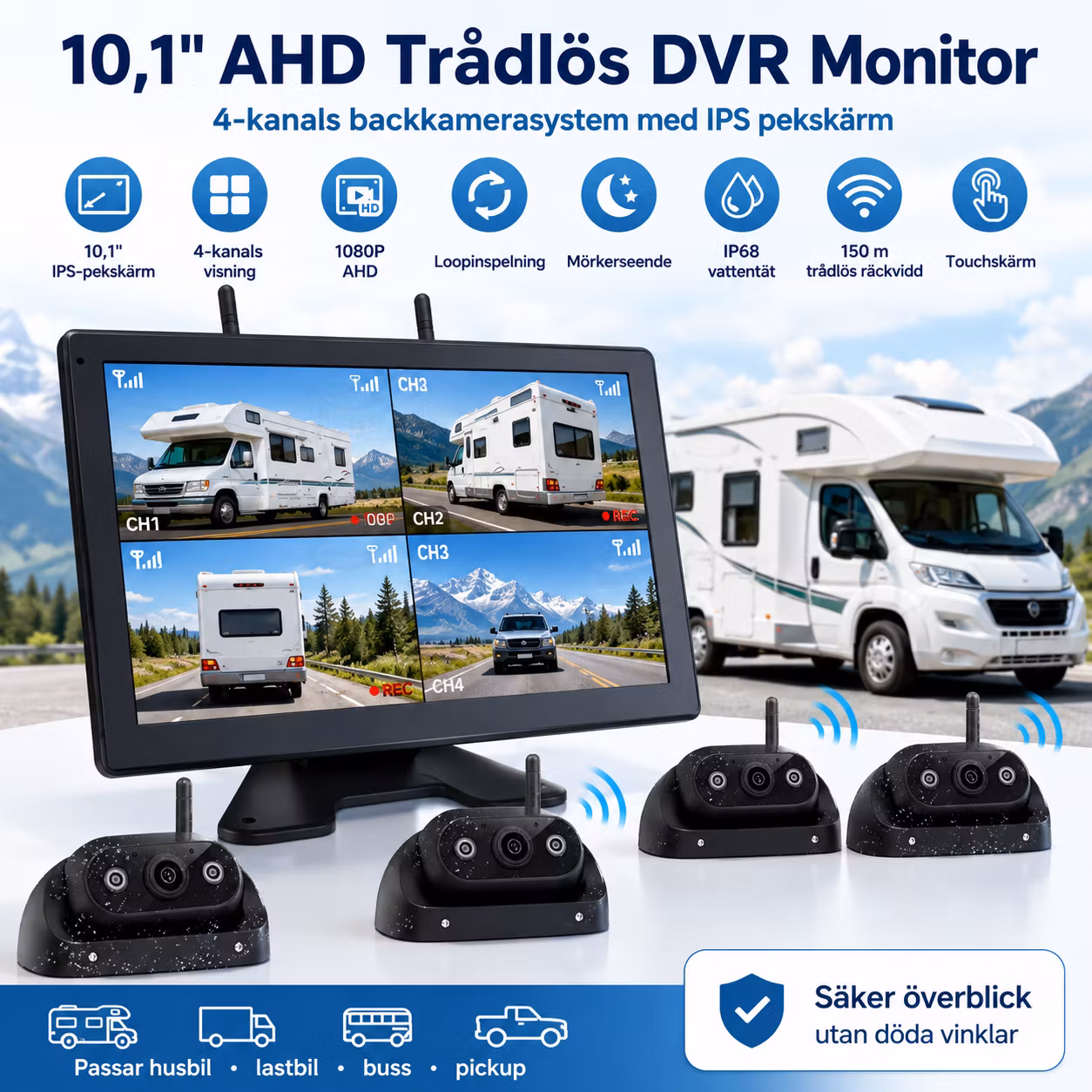 10,1” AHD Trådlöst 4-Kanals Backkamerasystem med DVR, IPS Pekskärm & 4 Kameror – 1080P