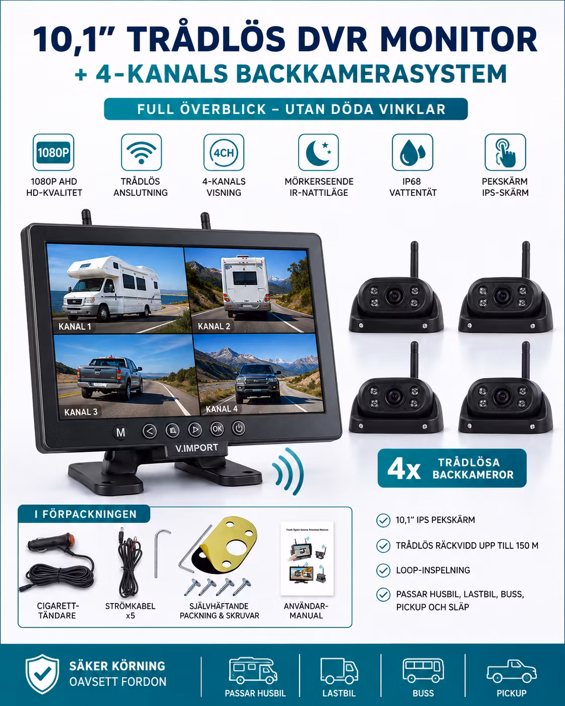 10,1” AHD Trådlöst 4-Kanals Backkamerasystem med DVR, IPS Pekskärm & 4 Kameror – 1080P