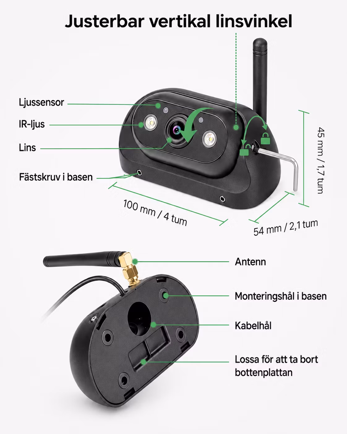 10,1” AHD Trådlöst 4-Kanals Backkamerasystem med DVR, IPS Pekskärm & 4 Kameror – 1080P