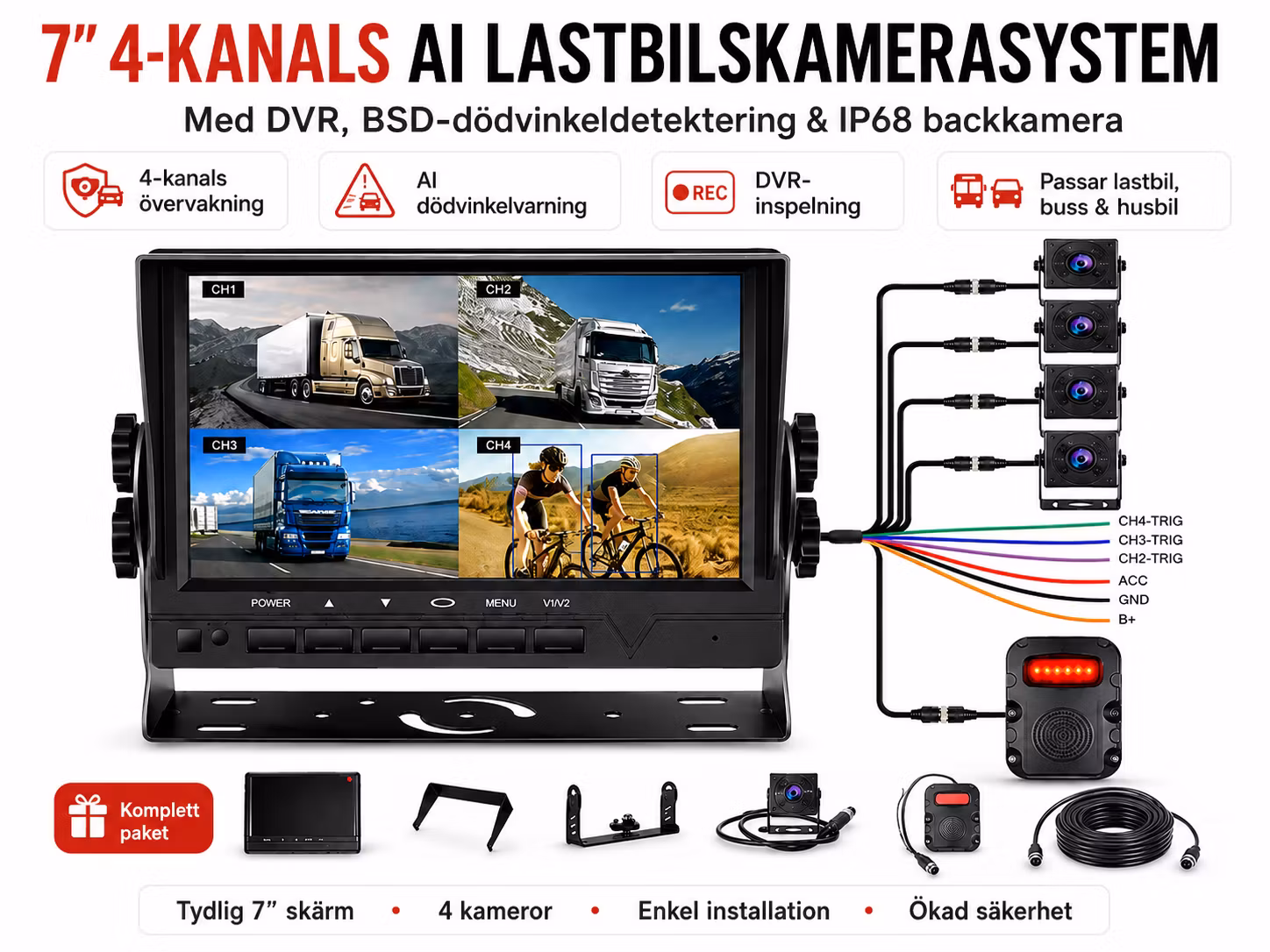 7” 4-Kanals AI Lastbilskamerasystem med DVR & BSD Dödvinkeldetektering – IP68 Backkamera för Lastbil, Buss & Husbil