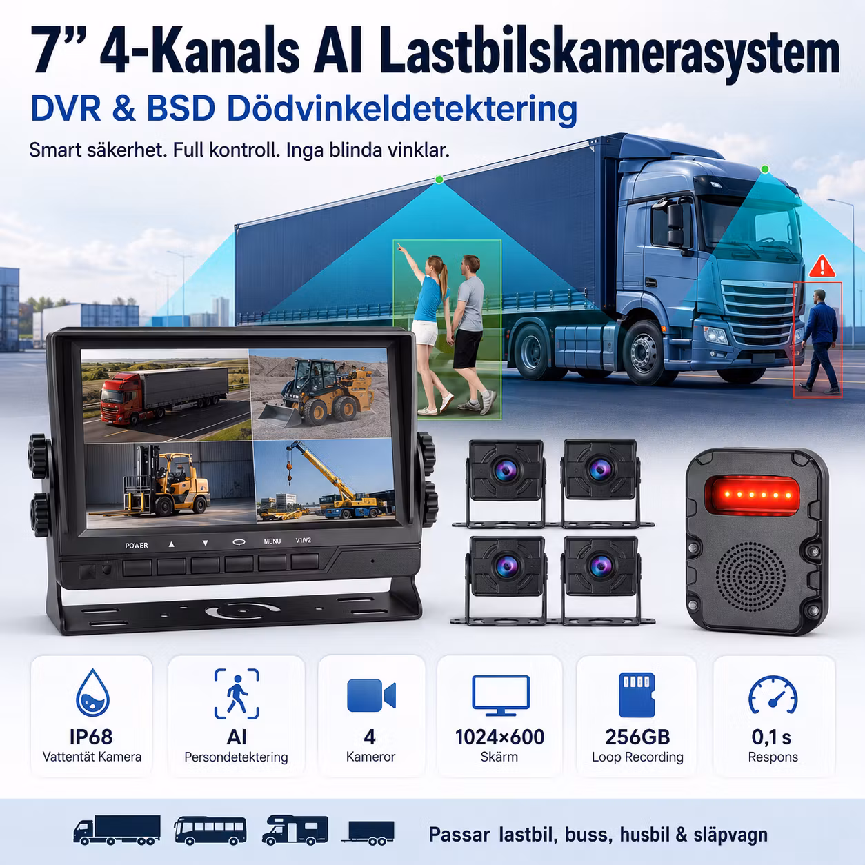 7” 4-Kanals AI Lastbilskamerasystem med DVR & BSD Dödvinkeldetektering – IP68 Backkamera för Lastbil, Buss & Husbil