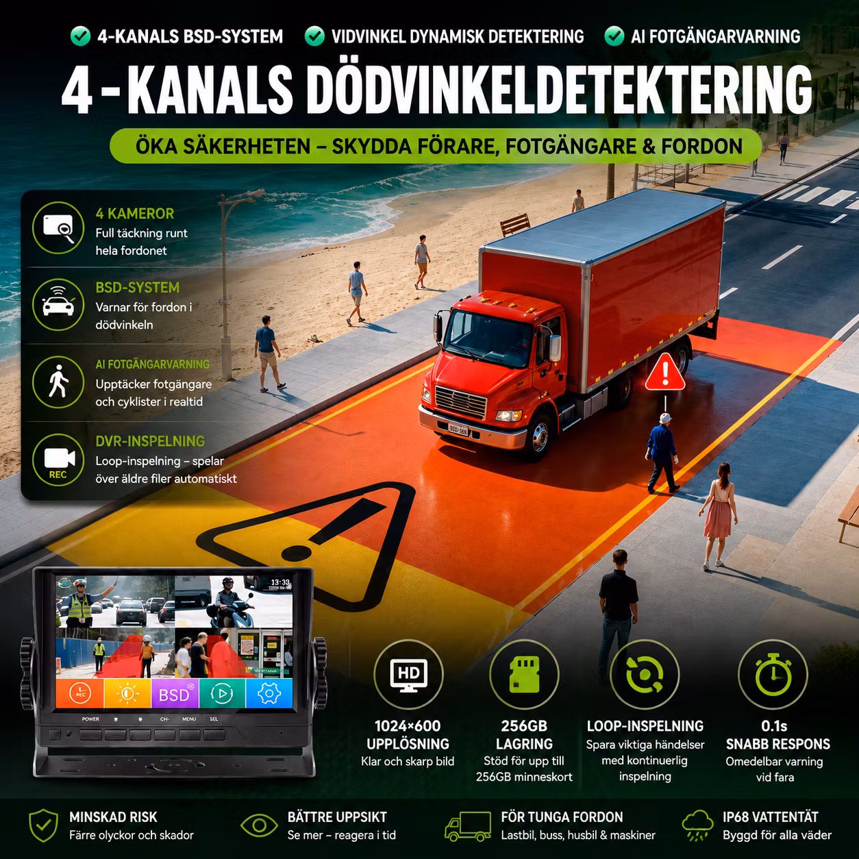 7” 4-Kanals AI Lastbilskamerasystem med DVR & BSD Dödvinkeldetektering – IP68 Backkamera för Lastbil, Buss & Husbil