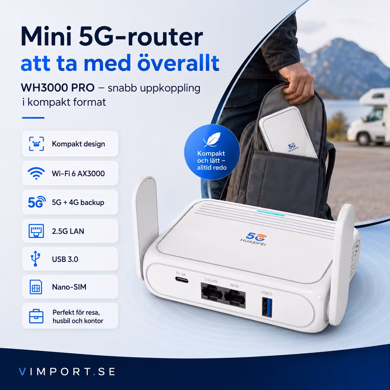 WH3000 Pro 5G Router WiFi 6 AX3000 – 2.5G LAN, OpenWrt, 1GB RAM, 8GB eMMC, Nano SIM