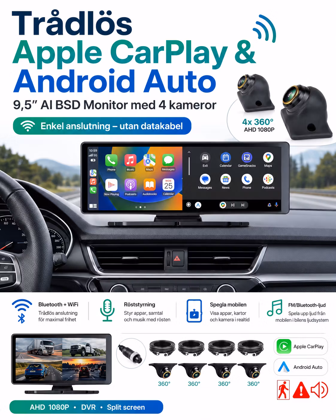 9,5” 4-Kanals AI BSD DVR Monitor – Trådlös CarPlay & Android Auto, 1080P AHD