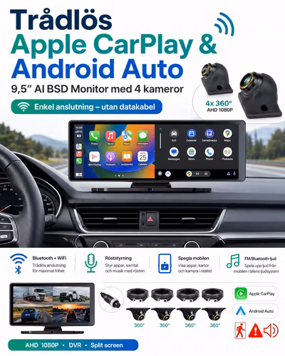 9,5” 4-Kanals AI BSD DVR Monitor – Trådlös CarPlay & Android Auto, 1080P AHD