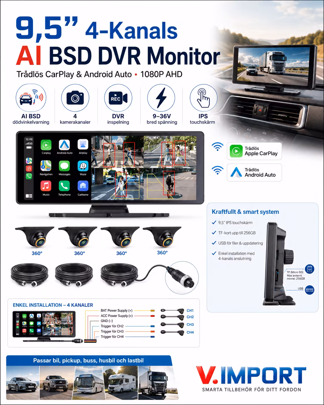 9,5” 4-Kanals AI BSD DVR Monitor – Trådlös CarPlay & Android Auto, 1080P AHD