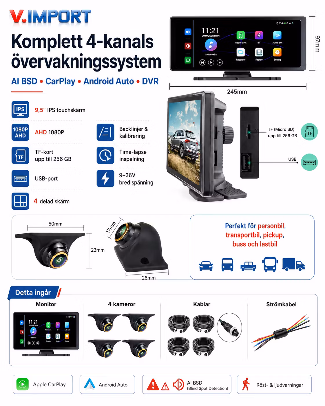 9,5” 4-Kanals AI BSD DVR Monitor – Trådlös CarPlay & Android Auto, 1080P AHD