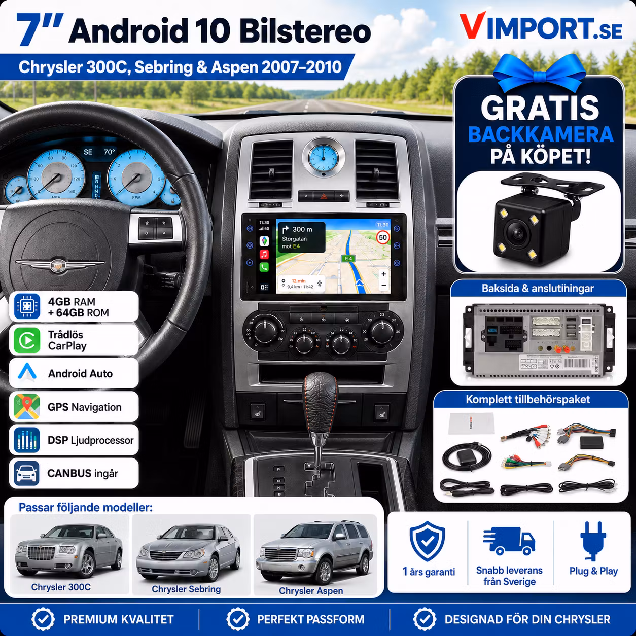 7” Android 10 Bilstereo Chrysler 300C, Sebring & Aspen 2007–2010 | 4GB/64GB, CarPlay, Android Auto, GPS, DSP & CANBUS